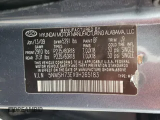 2009 Hyundai Santa Fe SE with VIN 5NMSH73EX9H265183, listed as a Copart auction lot 52118135 with 207,194 mi miles and Clean title. Bid and sale history available at DreamBid. Image 13.