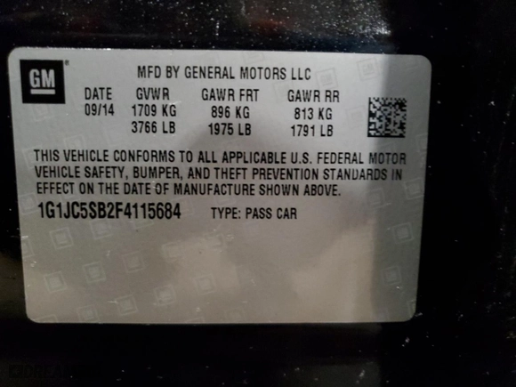 2015 Chevrolet Sonic LT with VIN 1G1JC5SB2F4115684, listed as a Copart auction lot 50025305 with 204,015 mi miles and Clean Title. Bid and sale history available at carsss.com. Image 12.