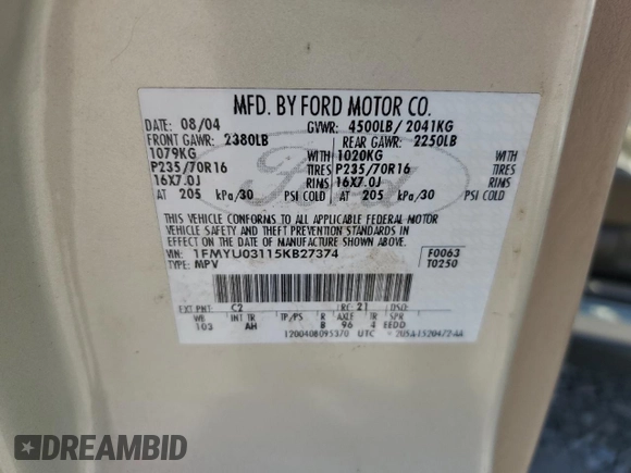 2005 Ford Escape XLT with VIN 1FMYU03115KB27374, listed as a Copart auction lot 72568654 with Not Provided miles and Salvage Title. Bid and sale history available at DreamBid. Image 12.