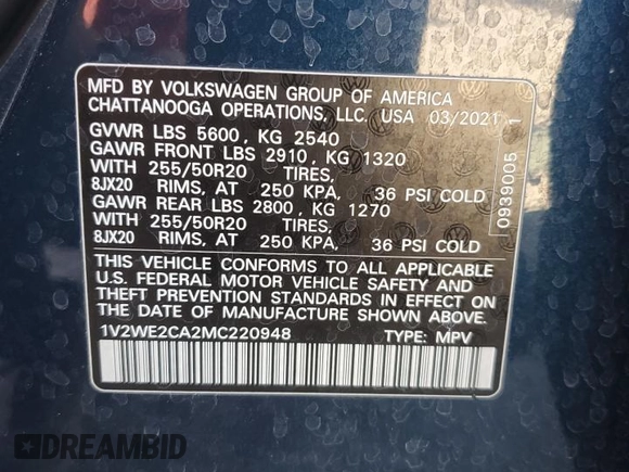 2021 Volkswagen Atlas SE with VIN 1V2WE2CA2MC220948, listed as a Copart auction lot 47285295 with 106,664 mi miles and Salvage title. Bid and sale history available at DreamBid. Image 15.