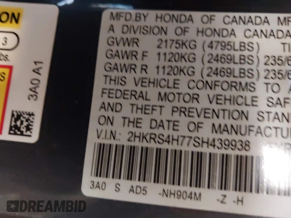 2025 Honda CR-V EX-L with VIN 2HKRS4H77SH439938, listed as a IAAI auction lot 42017658 with 2,347 mi miles and . Bid and sale history available at DreamBid. Image 9.