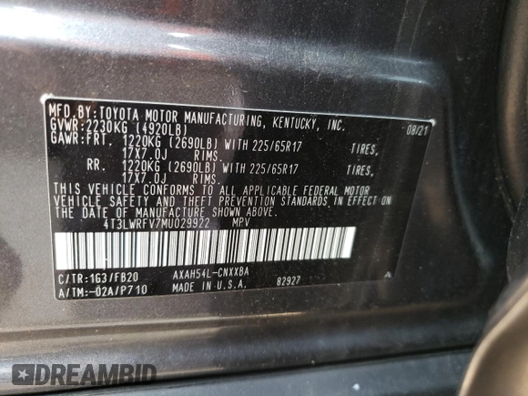 2021 Toyota RAV4 Hybrid LE with VIN 4T3LWRFV7MU029922, listed as a Copart auction lot 60116075 with 37,547 mi miles and Salvage title. Bid and sale history available at DreamBid. Image 12.