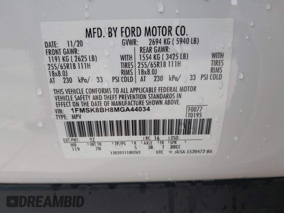 2021 Ford Explorer with VIN 1FMSK8BH8MGA44034, listed as a IAAI auction lot 41701440 with 56,240 mi miles. Bid and sale history available at carsss.com. Image 9.