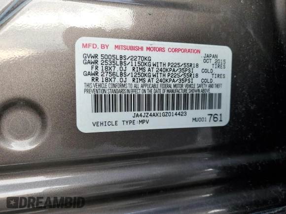 2016 Mitsubishi Outlander GT z VIN JA4JZ4AX1GZ014423, wystawiony jako Copart lot #43548555 z przebiegiem 71 676 mil mil oraz Szkoda całkowita • Salvage title. Historia ofert i sprzedaży dostępna na DreamBid. Obrazek 15.