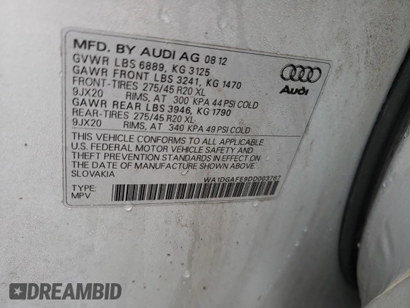 2013 Audi Q7 3.0T S line Prestige with VIN WA1DGAFE9DD003767, listed as a Copart auction lot 51117175 with 158,723 mi miles and Salvage Title. Bid and sale history available at carsss.com. Image 13.