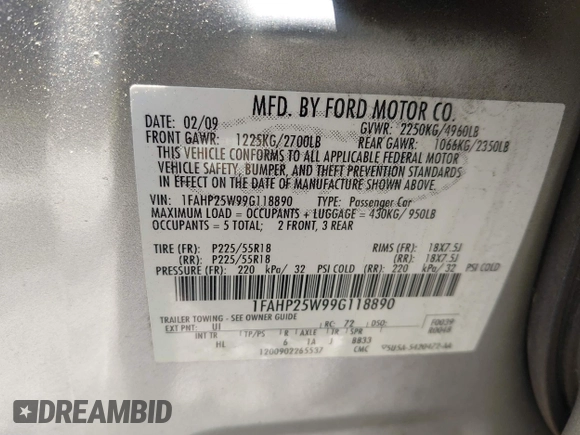 2009 Ford Taurus Limited with VIN 1FAHP25W99G118890, listed as a IAAI auction lot 42482833 with 256,244 mi miles and . Bid and sale history available at DreamBid. Image 9.