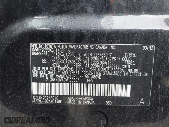 2012 Toyota RAV4 z VIN 2T3BF4DV4CW198537, wystawiony jako IAAI lot #42457596 z przebiegiem 136 904 mil mil oraz . Historia ofert i sprzedaży dostępna na DreamBid. Obrazek 9.