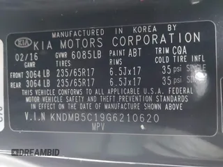 2016 Kia Sedona LX with VIN KNDMB5C19G6210620, listed as a IAAI auction lot 41485717 with 153,783 mi miles and . Bid and sale history available at DreamBid. Image 9.
