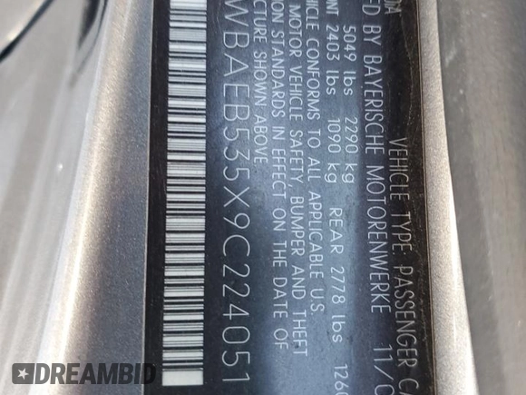 2009 BMW 6 Series 650i with VIN WBAEB535X9C224051, listed as a Copart auction lot 46105185 with 152,898 mi miles and Salvage Title. Bid and sale history available at carsss.com. Image 12.