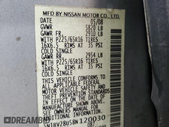 2008 Nissan Quest S z VIN 5N1BV28U58N120030, wystawiony jako Copart lot #44403825 z przebiegiem 225 303 mil mil oraz Szkoda całkowita • Salvage title. Historia ofert i sprzedaży dostępna na DreamBid. Obrazek 15.