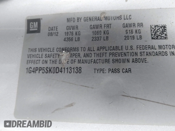 2013 Buick Verano with VIN 1G4PP5SK0D4113138, listed as a IAAI auction lot 42015636 with 218,054 mi miles and . Bid and sale history available at DreamBid. Image 9.