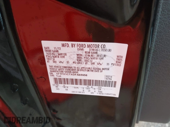 2013 Ford F-150 XL with VIN 1FTFX1CTXDFA65958, listed as a IAAI auction lot 41071126 with 146,919 mi miles. Bid and sale history available at carsss.com. Image 9.