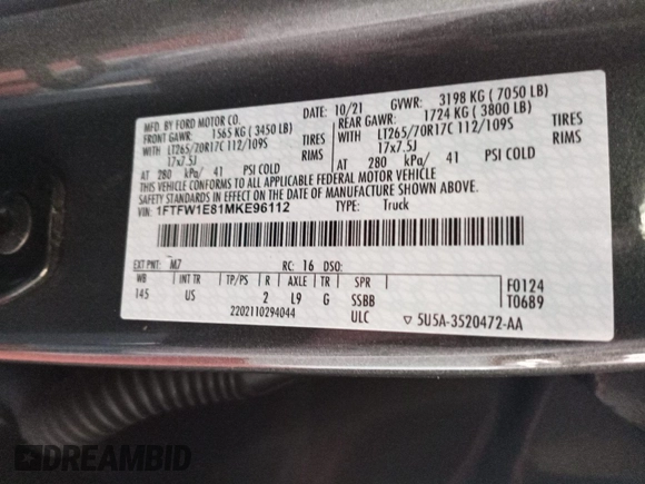 2021 Ford F-150 XL with VIN 1FTFW1E81MKE96112, listed as a IAAI auction lot 42788387 with 101,494 mi miles and . Bid and sale history available at DreamBid. Image 29.
