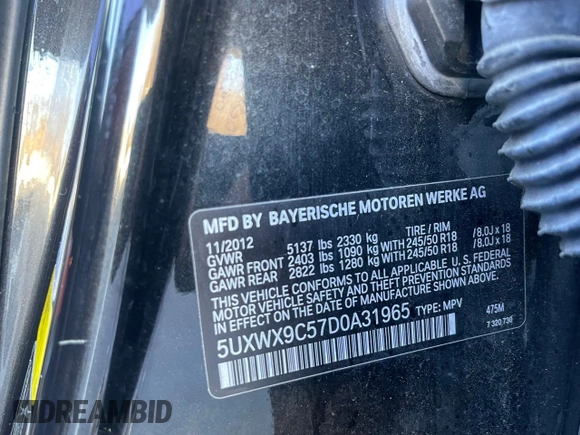 2013 BMW X3 xDrive28i with VIN 5UXWX9C57D0A31965, listed as a Copart auction lot 56250005 with 150,097 mi miles and Clean Title. Bid and sale history available at DreamBid. Image 10.