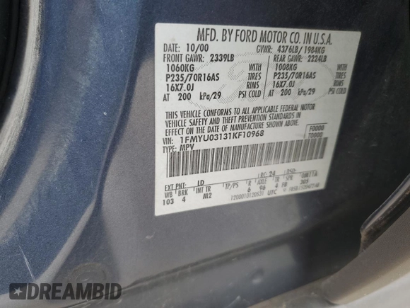 2001 Ford Escape XLT with VIN 1FMYU03131KF10968, listed as a Copart auction lot 67849474 with 197,328 mi miles and Salvage Title. Bid and sale history available at carsss.com. Image 14.