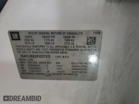 2015 GMC Terrain SLE with VIN 2GKFLVEKXF6207976, listed as a Copart auction lot 47369915 with 123,815 mi miles and Salvage Title. Bid and sale history available at DreamBid. Image 16.