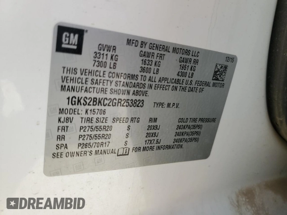 2016 GMC Yukon SLT with VIN 1GKS2BKC2GR253823, listed as a Copart auction lot 62029824 with 98,825 mi miles and Salvage Title. Bid and sale history available at carsss.com. Image 13.