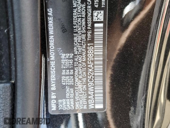 2019 BMW 4 Series 440i xDrive with VIN WBA4W9C52KAF98861, listed as a Copart auction lot 54269095 with Not provided miles and Salvage title. Bid and sale history available at DreamBid. Image 12.