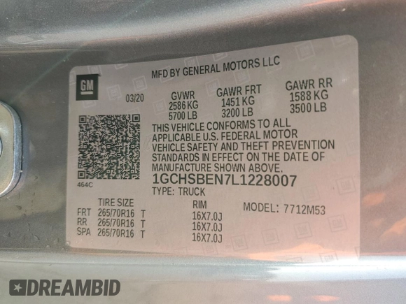2020 Chevrolet Colorado 2WD Work Truck z VIN 1GCHSBEN7L1228007, wystawiony jako Copart lot #43006315 z przebiegiem 63 417 mil mil oraz Szkoda całkowita • Salvage title. Historia ofert i sprzedaży dostępna na DreamBid. Obrazek 13.