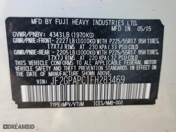 2015 Subaru XV Crosstrek Limited with VIN JF2GPAPC1FH283469, listed as a Copart auction lot 46996215 with 96,237 mi miles and Salvage Title. Bid and sale history available at carsss.com. Image 14.