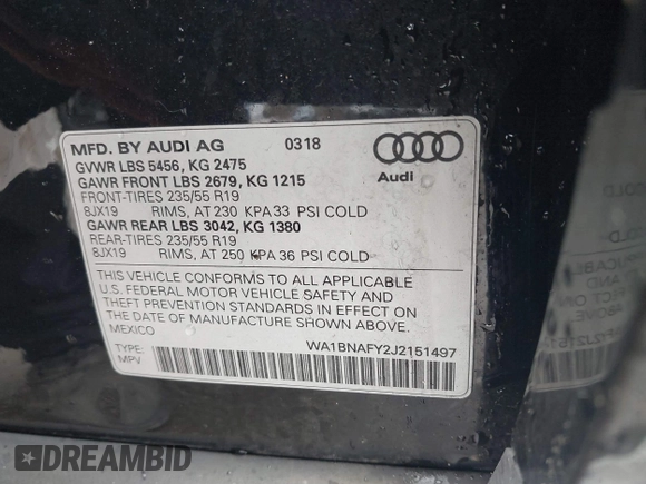 2018 Audi Q5 Premium Plus z VIN WA1BNAFY2J2151497, wystawiony jako IAAI lot #41688418 z przebiegiem 78 345 mil mil oraz . Historia ofert i sprzedaży dostępna na DreamBid. Obrazek 9.