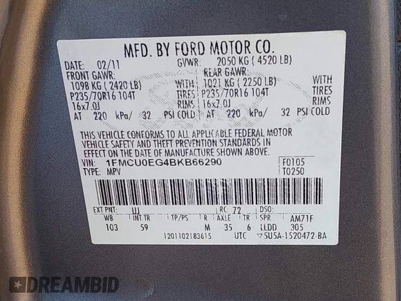 2011 Ford Escape Limited with VIN 1FMCU0EG4BKB66290, listed as a IAAI auction lot 42484355 with 156,663 mi miles and . Bid and sale history available at DreamBid. Image 9.