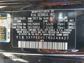 2022 Kia Telluride S with VIN 5XYP6DHC7NG248427, listed as a Copart auction lot 53968555 with 57,517 mi miles and Salvage title. Bid and sale history available at DreamBid. Image 14.