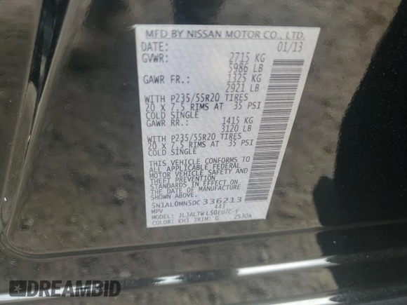 2013 Infiniti JX35 with VIN 5N1AL0MN5DC336213, listed as a Copart auction lot 76327014 with 126,852 mi miles and Salvage Title. Bid and sale history available at carsss.com. Image 15.