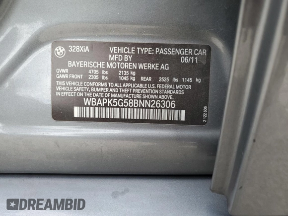 2011 BMW 3 Series 328i xDrive z VIN WBAPK5G58BNN26306, wystawiony jako Copart lot #54790895 z przebiegiem 108 641 mil mil oraz Szkody całkowita. Historia ofert i sprzedaży dostępna na DreamBid. Obrazek 12.