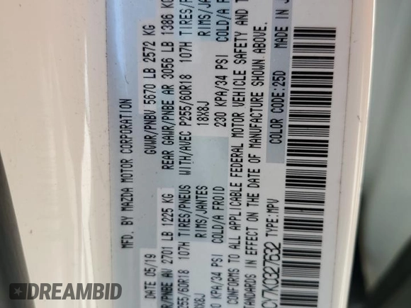 2019 Mazda CX-9 Touring with VIN JM3TCACY7K0327632, listed as a Copart auction lot 60798635 with 63,087 mi miles and Salvage title. Bid and sale history available at DreamBid. Image 13.
