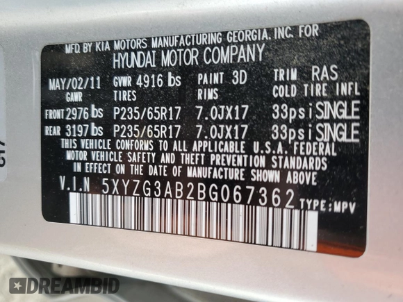 2011 Hyundai Santa Fe GLS z VIN 5XYZG3AB2BG067362, wystawiony jako Copart lot #41846965 z przebiegiem 178 965 mil mil oraz Szkoda całkowita • Salvage title. Historia ofert i sprzedaży dostępna na DreamBid. Obrazek 13.