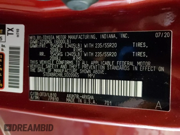 2020 Toyota Highlander Hybrid Limited with VIN 5TDXBRCH8LS009965, listed as a Copart auction lot 61006795 with 98,970 mi miles and Salvage title. Bid and sale history available at DreamBid. Image 13.
