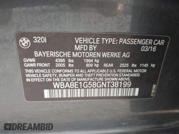 2016 BMW 3 Series 320i with VIN WBA8E1G58GNT38199, listed as a IAAI auction lot 42030548 with 116,179 mi miles and . Bid and sale history available at carsss.com. Image 9.
