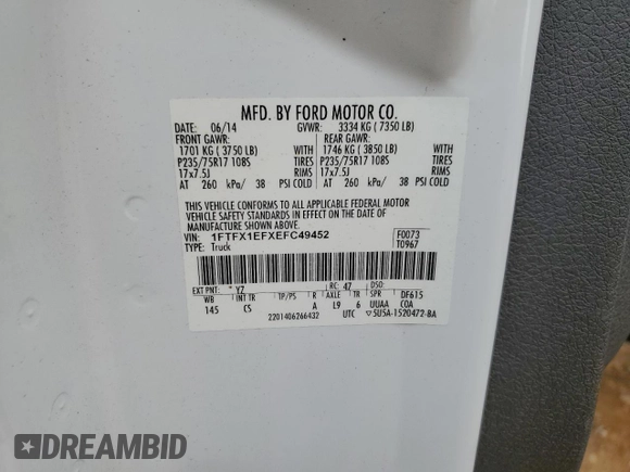 2014 Ford F-150 XL with VIN 1FTFX1EFXEFC49452, listed as a Copart auction lot 79477404 with 183,437 mi miles and Clean Title. Bid and sale history available at carsss.com. Image 12.