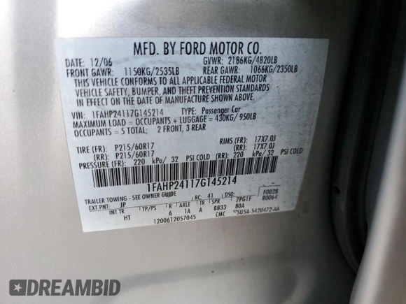 2007 Ford Five Hundred SEL with VIN 1FAHP24117G145214, listed as a Copart auction lot 76543824 with 115,976 mi miles and Salvage Title. Bid and sale history available at carsss.com. Image 12.
