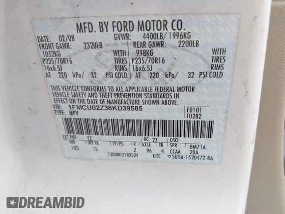 2008 Ford Escape XLS with VIN 1FMCU02Z38KD39585, listed as a IAAI auction lot 42197178 with 248,763 mi miles and . Bid and sale history available at DreamBid. Image 9.