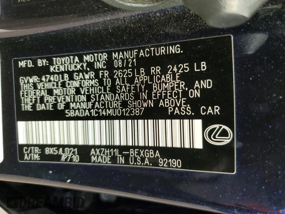 2021 Lexus ES with VIN 58ADA1C14MU012387, listed as a Copart auction lot 42800215 with 41,102 mi miles and Salvage Title. Bid and sale history available at carsss.com. Image 12.