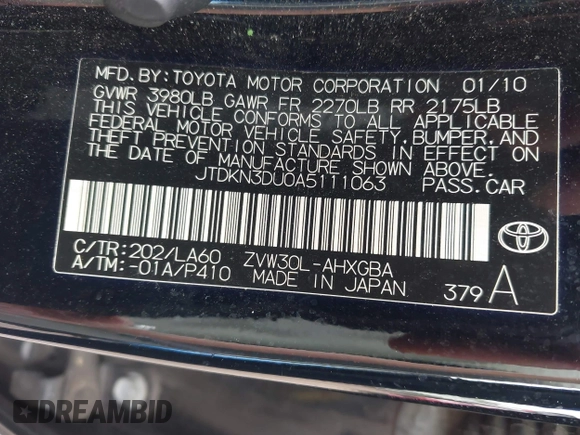 2010 Toyota Prius II with VIN JTDKN3DU0A5111063, listed as a IAAI auction lot 42098067 with 268,707 mi miles. Bid and sale history available at carsss.com. Image 9.