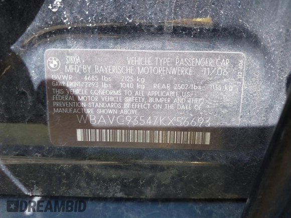 2007 BMW 3 Series 328xi with VIN WBAVC93547KX56693, listed as a IAAI auction lot 41852323 with 250,156 mi miles. Bid and sale history available at carsss.com. Image 9.