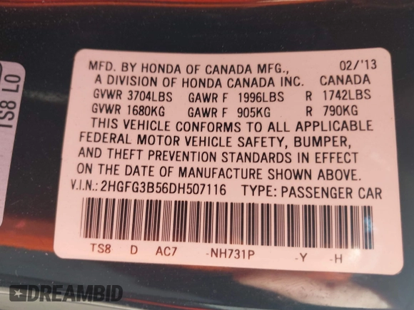 2013 Honda Civic Cpe LX with VIN 2HGFG3B56DH507116, listed as a IAAI auction lot 41479130 with 98,846 mi miles. Bid and sale history available at carsss.com. Image 9.