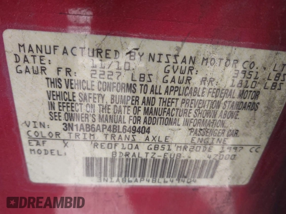 2011 Nissan Sentra 2.0 with VIN 3N1AB6AP4BL649404, listed as a IAAI auction lot 41461629 with 178,735 mi miles and . Bid and sale history available at DreamBid. Image 9.