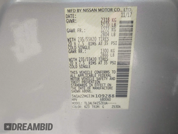 2018 Nissan Murano SV z VIN 5N1AZ2MG3JN109288, wystawiony jako IAAI lot #42249243 z przebiegiem 41 171 mil mil oraz . Historia ofert i sprzedaży dostępna na DreamBid. Obrazek 9.