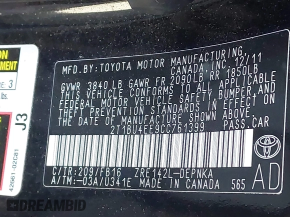 2012 Toyota Corolla L with VIN 2T1BU4EE9CC761399, listed as a IAAI auction lot 41746537 with 35,013 mi miles. Bid and sale history available at carsss.com. Image 9.