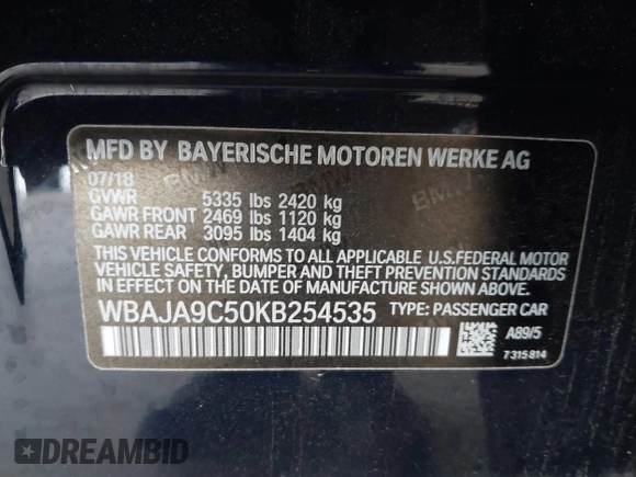 2019 BMW 5 Series 530e with VIN WBAJA9C50KB254535, listed as a IAAI auction lot 41094049 with 57,874 mi miles and . Bid and sale history available at DreamBid. Image 9.