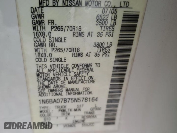 2005 Nissan Titan SE with VIN 1N6BA07B75N578164, listed as a Copart auction lot 41829305 with 200,105 mi miles and Salvage Title. Bid and sale history available at DreamBid. Image 12.
