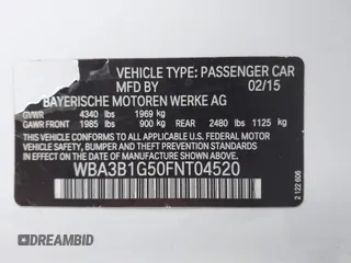2015 BMW 3 Series 320i with VIN WBA3B1G50FNT04520, listed as a IAAI auction lot 41343158 with 172,688 mi miles. Bid and sale history available at carsss.com. Image 9.
