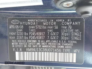 2008 Hyundai Veracruz GLS with VIN KM8NU13C38U071456, listed as a IAAI auction lot 41912531 with 204,024 mi miles and . Bid and sale history available at DreamBid. Image 9.
