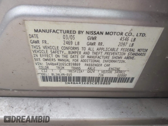 2005 Nissan Maxima 3.5 SL with VIN 1N4BA41E65C859869, listed as a IAAI auction lot 41528302 with 120,321 mi miles. Bid and sale history available at carsss.com. Image 9.
