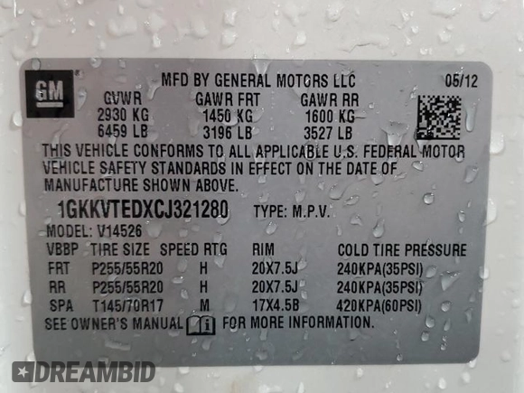 2012 GMC Acadia Denali with VIN 1GKKVTEDXCJ321280, listed as a Copart auction lot 56870675 with 172,951 mi miles and Salvage title. Bid and sale history available at DreamBid. Image 13.