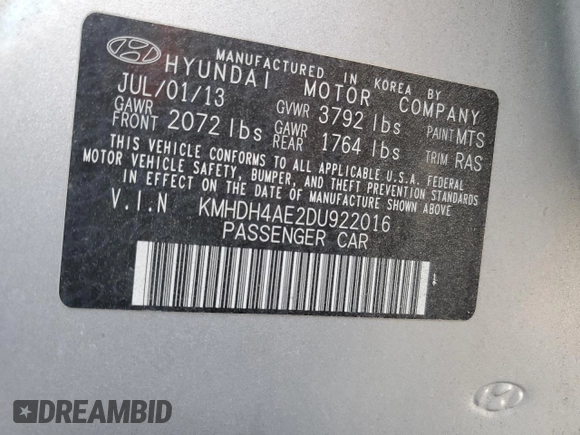 2013 Hyundai Elantra GLS с VIN KMHDH4AE2DU922016, выставлен на аукционе Copart как лот 55094225 с пробегом 43 784 миль миль и Списание • Salvage title. История ставок и продаж доступна на DreamBid. Изображение 12.